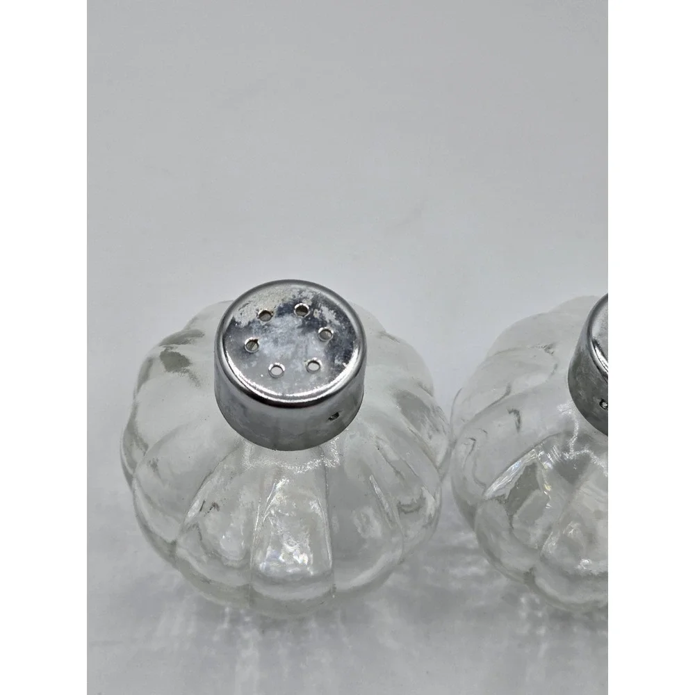 VINTAGE SALT AND PEPPER SHAKER SET- Clear Glass Melon Ribbed Festive Fall Autumn